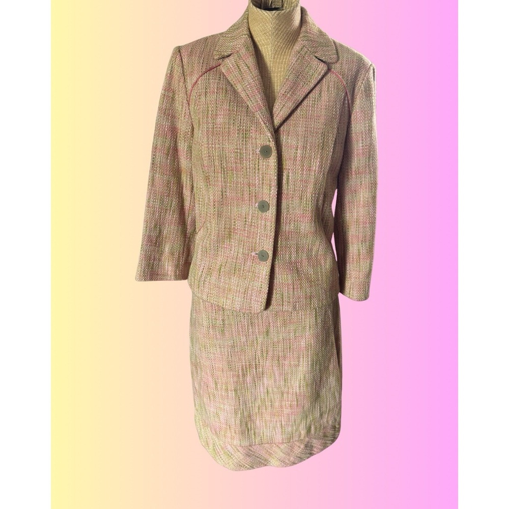 Sigrid Olsen Skirt Suit Blazer Tweed Pink & Green- 100% Cotton- Size 8 Old Money
